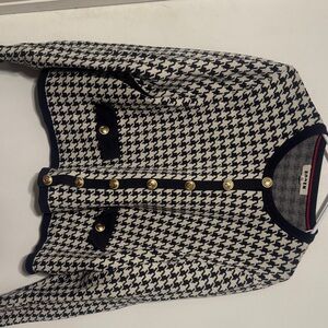 Boden Navy and White Houndstooth Knit Blazer with Gold Buttons